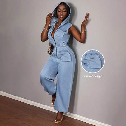 Tute di jeans da donna aderenti con cappuccio e tasche, in stile di strada blu, tute estive da donna adatte per festival e rave