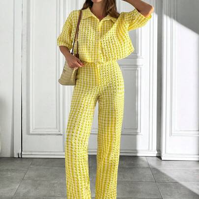 2 pezzi Camicia cropped e pantaloni a gamba dritta