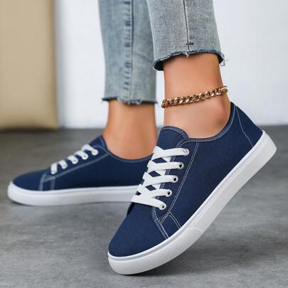 Scarpe flat in tela di colore unito da donna, scarpe comode con punta rotonda e allacciatura, scarpe in tela classiche da donna, scarpe casual con lac