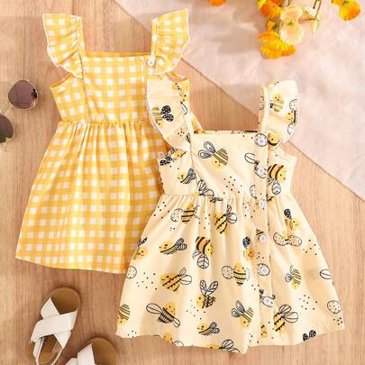 Adorabile set di 2 vestiti estivi per bambina, composto da un abito in giallo a quadretti con stampa di api e balze sulle maniche