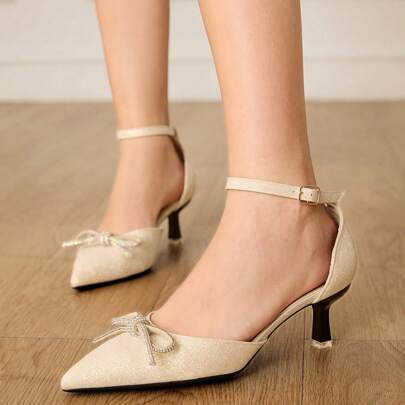 Sandali da donna con punta affusolata, tacco medio, aperti, con fiocco e cristalli, scarpe estive slip-on
