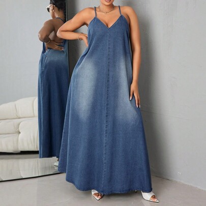 Vestito Overall In Denim Largo Per Donne Di Taglia Forte Con Spalline