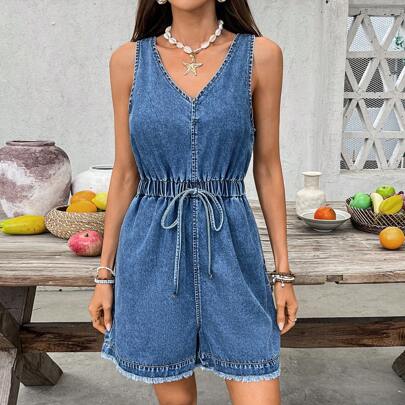 Pantaloni tuta casual smanicati in denim minimalisti per donne