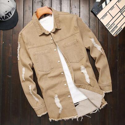 Camicia in jeans con strappi, tasche e chiusura con bottoni sul davanti, manica lunga, tinta unita kaki, camicia in jeans da uscire per uomo taglie co