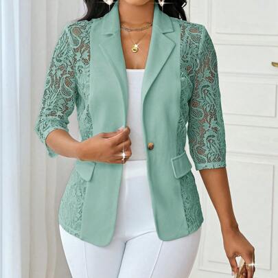 Abito bianco da donna per ogni stagione, giacca con inserti in pizzo, elegante tailleur