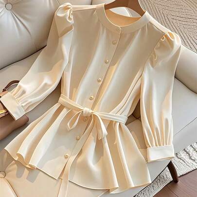 Nuove bluse eleganti da donna con maniche a tre quarti a palloncino e collo rotondo