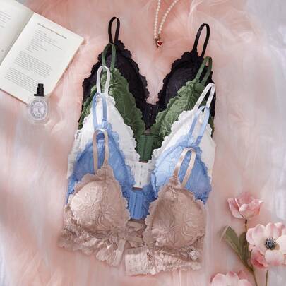 Set da 5 reggiseni estivi da donna con gancio frontale, in pizzo francese, con imbottitura rimovibile, senza fili, comodi e con ferretto
