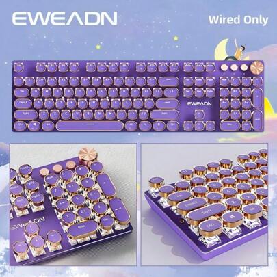 Tastiera da gioco meccanica cablata EWEADN, stile retrò da macchina da scrivere viola, tastiera da ufficio portatile full size con retroilluminazione