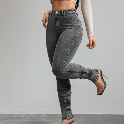 Jeans aderenti elasticizzati da donna, jeans neri, jeans impilati, jeans per donna alta, pantaloni in denim, jeans