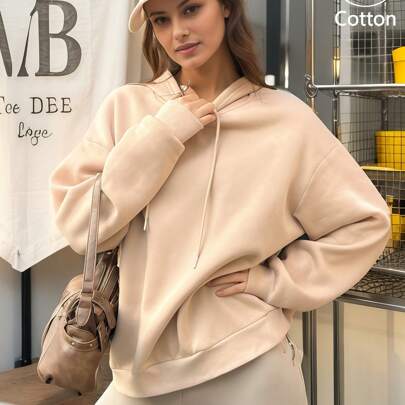 Felpa da donna con spalle cadenti, abbigliamento basic oversize curvilineo, felpa con cappuccio con coulisse, ampia, casual, versatile, stile college,