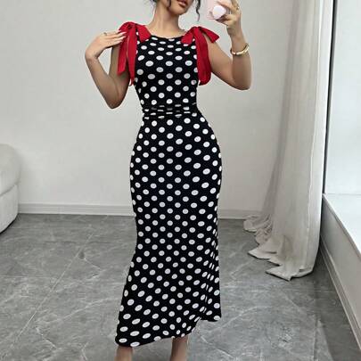 Vestito lungo a pois con fiocco in contrasto, elegante vestito da donna