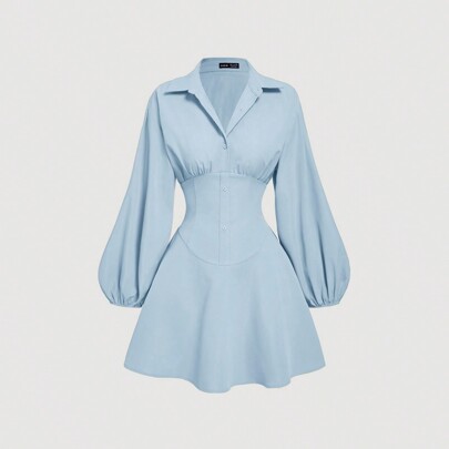 Vestito camicia blu a maniche lunghe aderente con maniche a sbuffo, camicia oversize da donna, camicia da donna con bottoni, vestito camicia