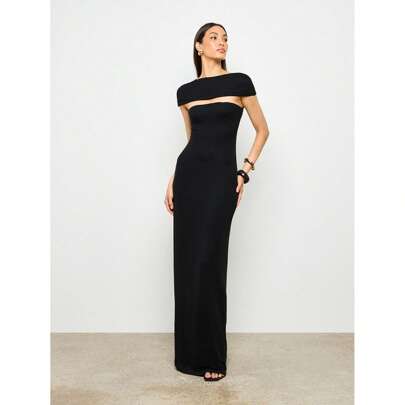 Vestito lungo da sera aderente con aperture, abito da sera con spalle asimmetriche, vestito da cerimonia lungo fino a terra