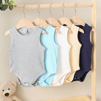 5 pezzi/confezione Tutine senza maniche in maglia elastica e carina per neonato unisex, tutine di base essenziali per l'estate