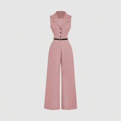 Tuta vintage rosa con collo da smoking e cintura, tuta elegante, tuta da uscire, tuta occidentale, outfit da vacanza