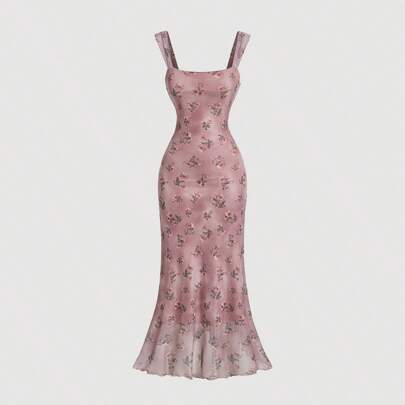 Vestito vintage a fiori con scollo quadrato e vita aderente, vestito a mezza lunghezza autunnale, vestito sexy, vestito elegante, vestito leggero, ves