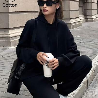 Felpa da donna con spalle cadenti, abbigliamento basic oversize curvilineo, felpa con cappuccio con coulisse, ampia, casual, versatile, stile college,
