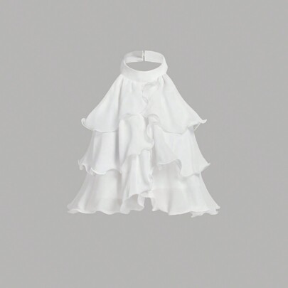 Top corto con volant a più strati bianco, top carini, top a fascia per donne, forma elegante, top senza schienale, top per Capodanno, top da festa per