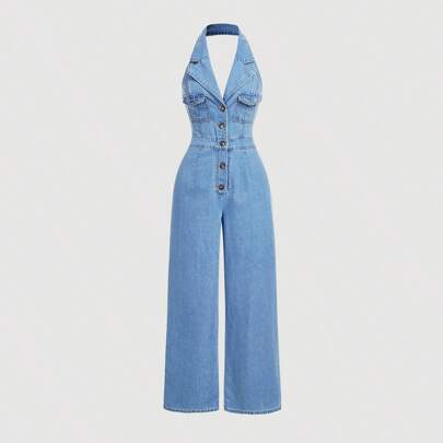 Salopette di jeans da donna con collo alla cavallerizza dolce e gamba lunga, tuta jumpsuit di jeans da donna, tuta jumpsuit di jeans oversize vintage,