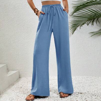 Pantaloni Lunghi Per Donna Con Vita Alta, Cintura A Fascia Con Tasche