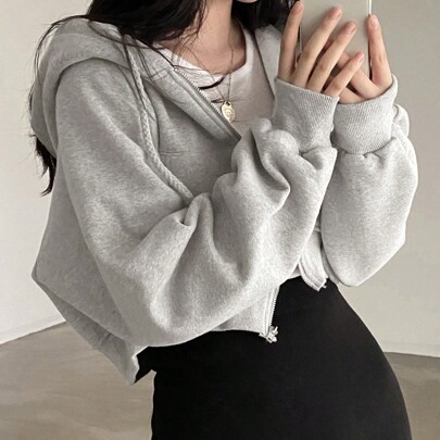Felpa con cappuccio corta con zip da donna, felpa basic, top a maniche lunghe