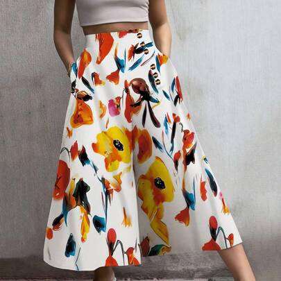 Nuovi Pantaloni Palazzo a Vita Alta da Donna con Stampa Floreale - Pantaloni Palazzo Botanica Tropicale, Vestibilità Morbida, Pantaloni da Ufficio Cas