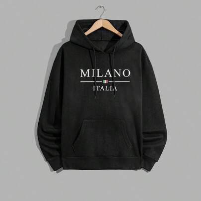 Felpa con cappuccio regular da uomo in cotone con stampa a lettere "Italia"