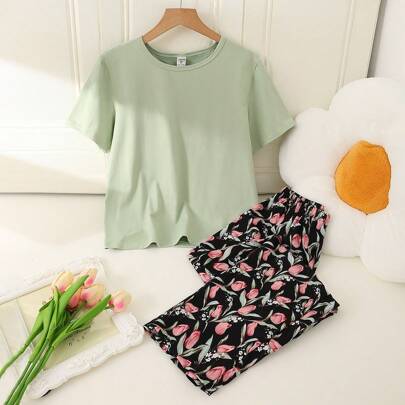 Set da 2 pezzi, top a maniche corte e pantaloni, con stampa floreale a tulipani verdi, adatto per ragazze adolescenti, tute casual e confortevoli per