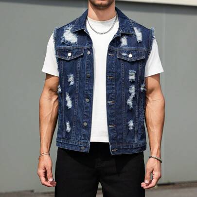Gilet smanicato in jeans rovinato da uomo