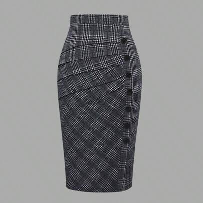 Gonna elegante singolo petto con pince e motivo a quadri per donna