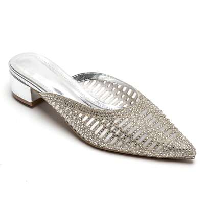 Mules à Talon Bas avec Bout Pointu et Strass Brillants