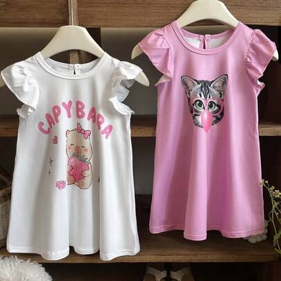 2 pezzi/set Abiti bambina con balze, stampa cartoni animati, bianchi e rosa, vestiti estivi a line ampi, top comodi e fondo morbido, adatti per uso qu