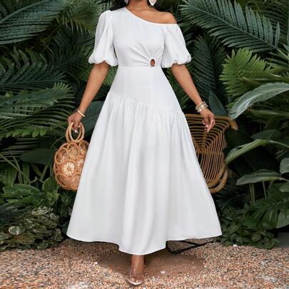 Abiti lunghi di colore unito per donne in taglie forti, spalle asimmetriche, semplici ed eleganti, abbigliamento estivo da donna, abiti estivi da donn