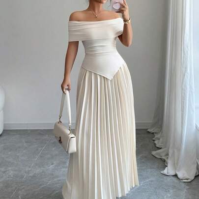 Set vestito lungo e gonna da donna a vita plissettata, senza spalline, casual da vacanza, estivo