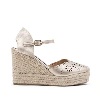 Espadrillas con zeppa e dettagli traforati, Espadrillas con zeppa in juta con fibbia per l'estate, Sandali con zeppa alta e espadrillas con ritagli fl