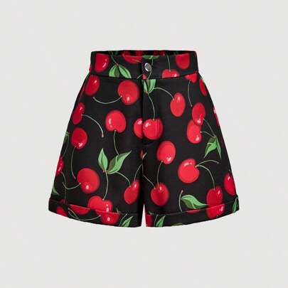 Pantaloncini larghi con stampa ciliegie, casual, da spiaggia, abbigliamento da resort per donne, abbigliamento da campagna per donne, abbigliamento tr