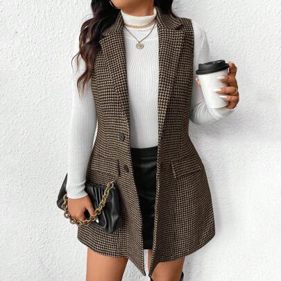 Completo autunnale oversize, abiti autunnali da donna, abiti autunnali, abbigliamento da ufficio da donna, giacca minimalista con stampa pied-de-poule