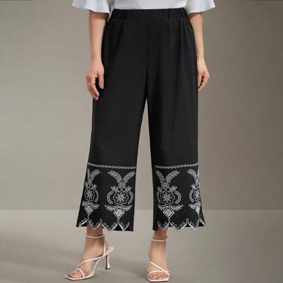 Pantaloni lunghi e dritti da donna eleganti e dalle taglie comode, con vita elastica, ricamati e con design cut-out a contrasto di colore