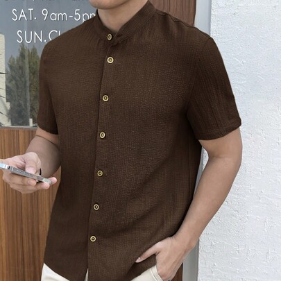 Camicia casual da uomo con collo alla coreana e maniche corte