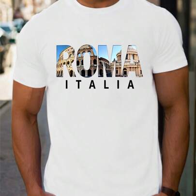 T-shirt da uomo con motivi paesaggistici di Roma e Italia, con stampa alla moda, 220 g/m², per uomo, casual, scollo tondo, puro cotone, manica corta (