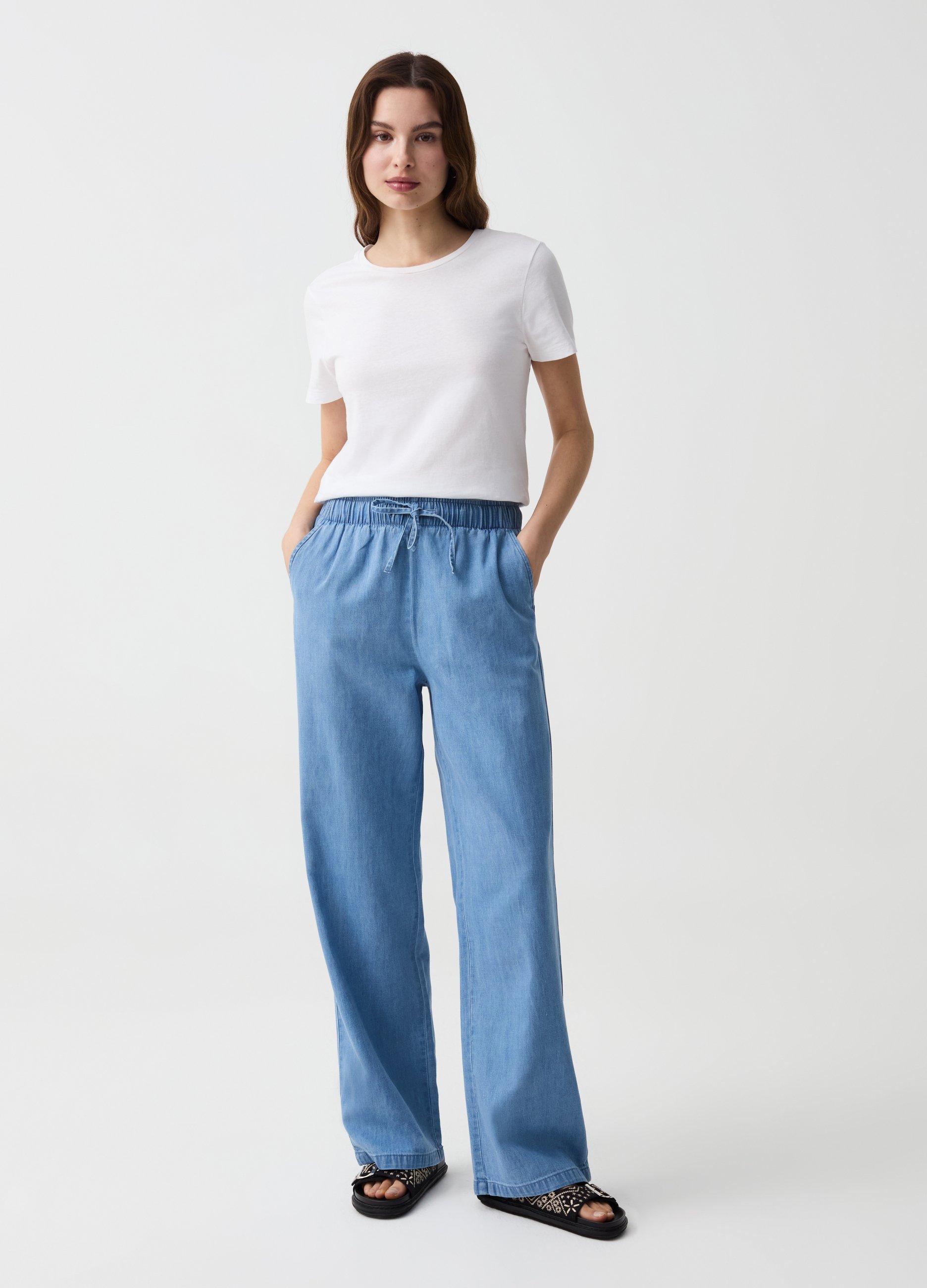 OVS , Joggers Wide Leg Effetto Denim, Donna, Blu, Taglia: M