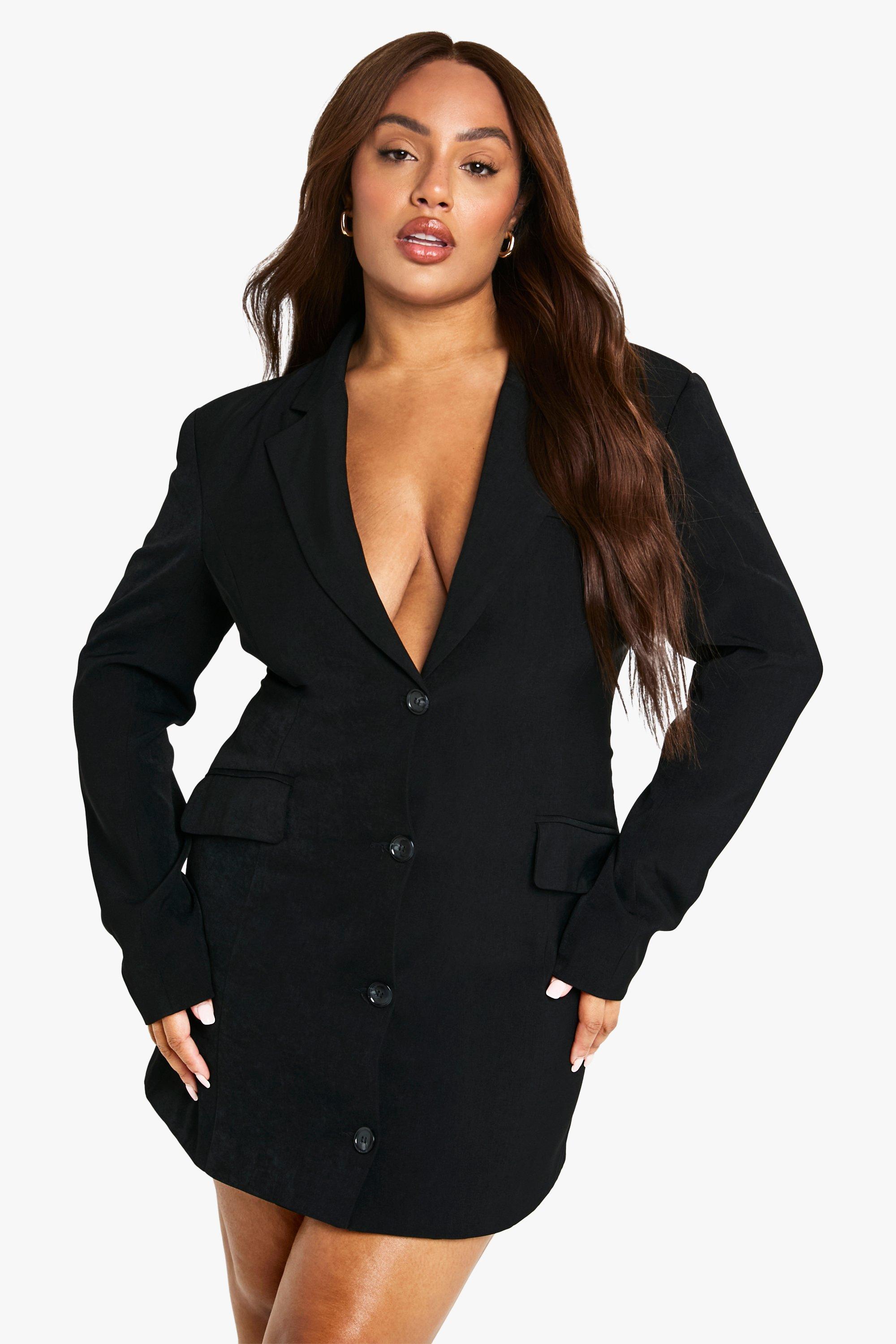 Plus Tailored Structured Cinched Waist Blazer Dress, Nero