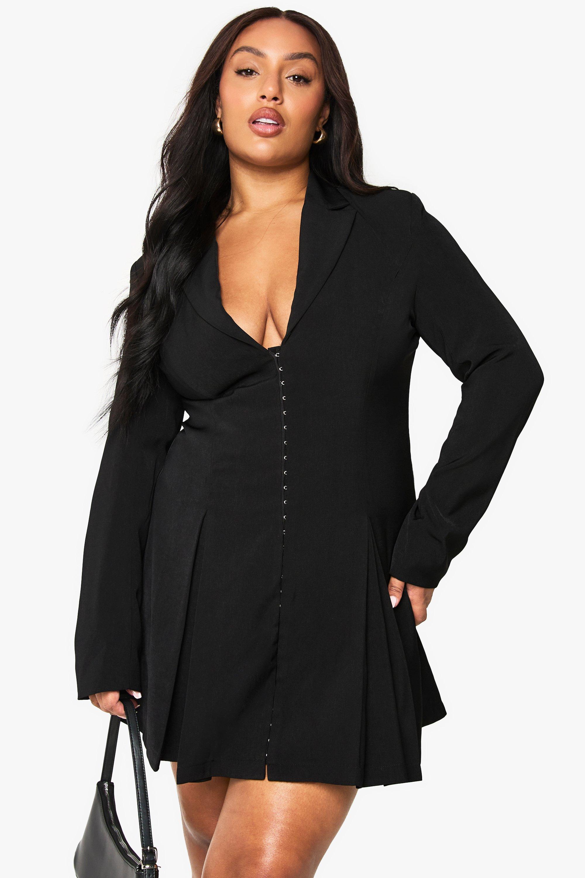 Plus Tailored Hook & Eye Detail Cinched Waist Blazer dress, Nero