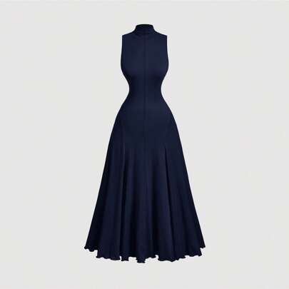 Vestito a collo alto senza maniche taglie forti blu navy, vestiti lunghi autunnali, outfit da crociera per donna, vestito elegante, vestito da sera, v