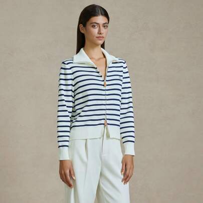 Cardigan a righe con chiusura lampo donna, completi estivi per donna, outfit casual per donna in vacanza, maglioni donna casual per lavoro, maglioni d
