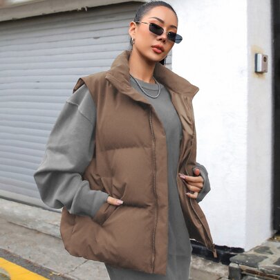 Piumino imbottito con chiusura lampo, gilet trapuntato con tasche spesse, vestiti invernali da donna, cappotto imbottito da donna