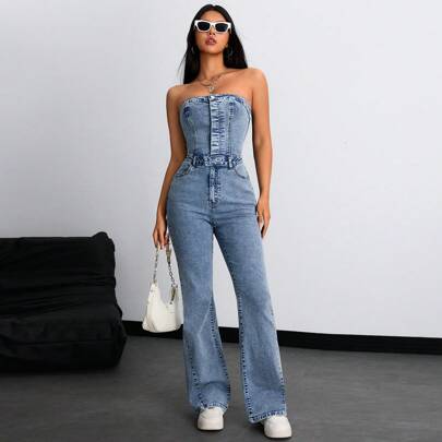 Tuta jeans elasticizzata oversize da donna, tuta in jeans attillata con design floreale lavato sexy, gambe a zampa, outfit western per donna