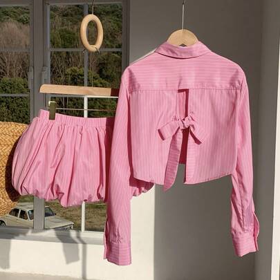 2 pezzi/Set Abito camicia casual rosa da donna