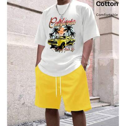 Abito casual da uomo in puro cotone a due pezzi, con stampa di auto d'epoca, abito peplo da uomo primaverile ed estivo, abiti da uomo a due pezzi morb