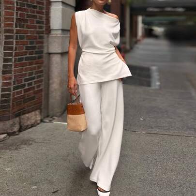 Tuta elegante e unica da donna senza maniche, tuta casual monocolore, elegante e casual, per l'estate